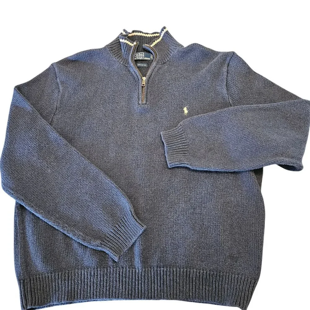 Polo Ralph Lauren 100% Cotton Blue Men's Quarter Zip Sweater Measures‎ XL